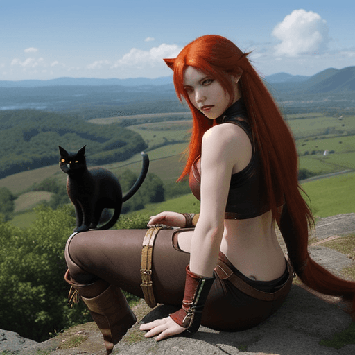 AI generated: cat girl rogue, ginger, long red hair, daggers, in the style of final fantasy, in the style of dunge...
