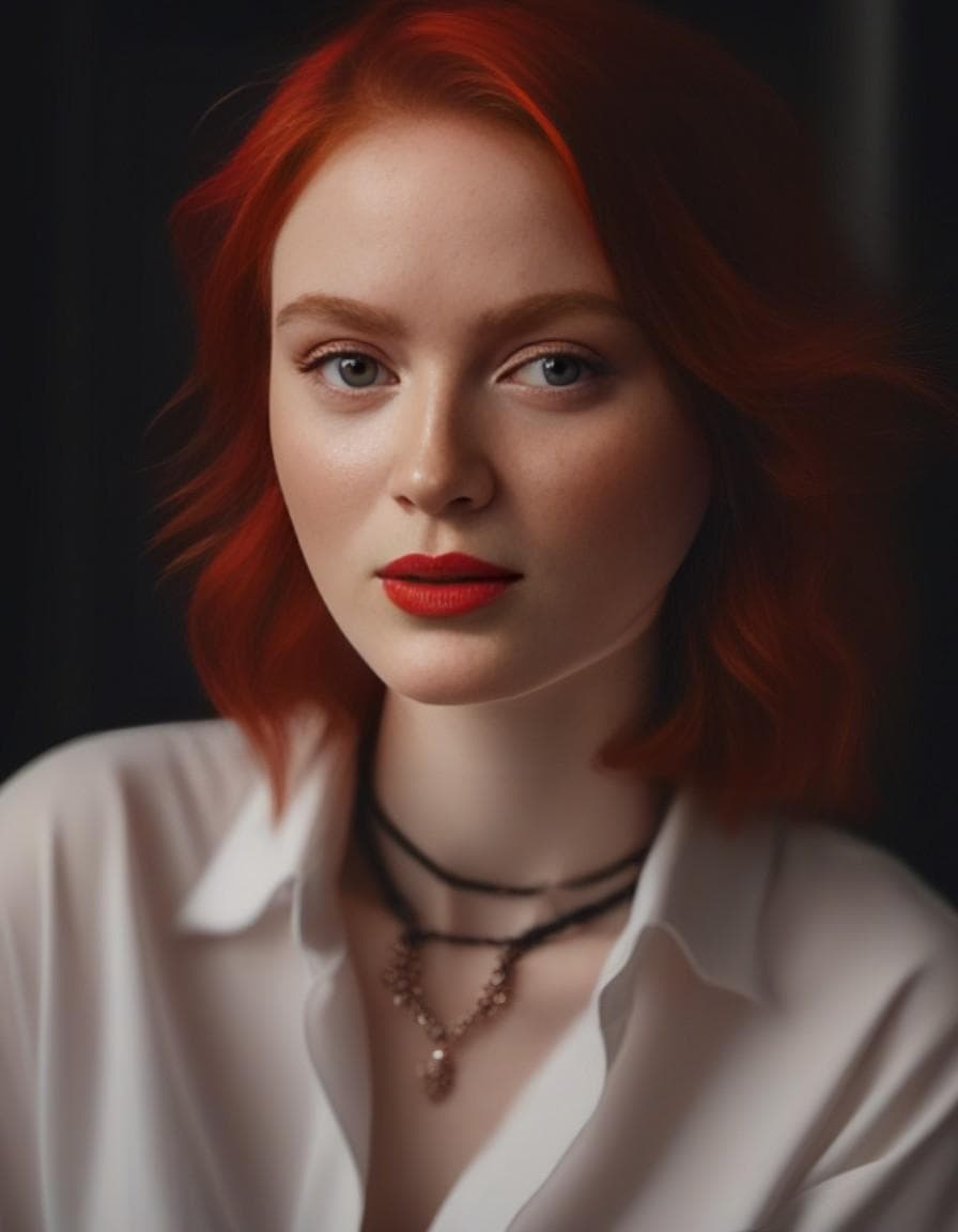 AI generated: Raw photo, (25yo redhead girl:1.2), makeup, graphic eyeliner, rouge, (choker:0.9), realistic skin te...