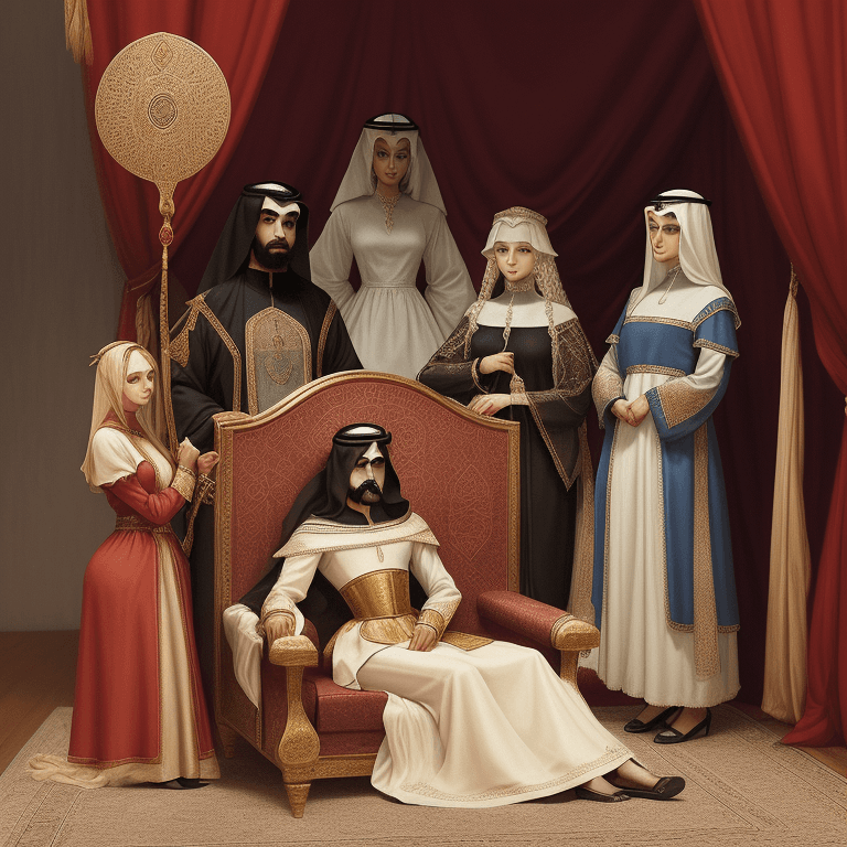 AI generated: An Arab sultan from the Middle Ages. The Sultan sits reclining on a throne. Standing to the right of...