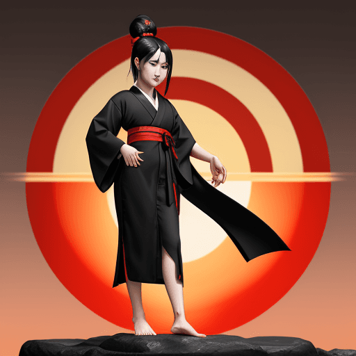 AI generated: a girl with black hair, Asian appearance, in a black kimono, with a red decoration in her hair, bare...
