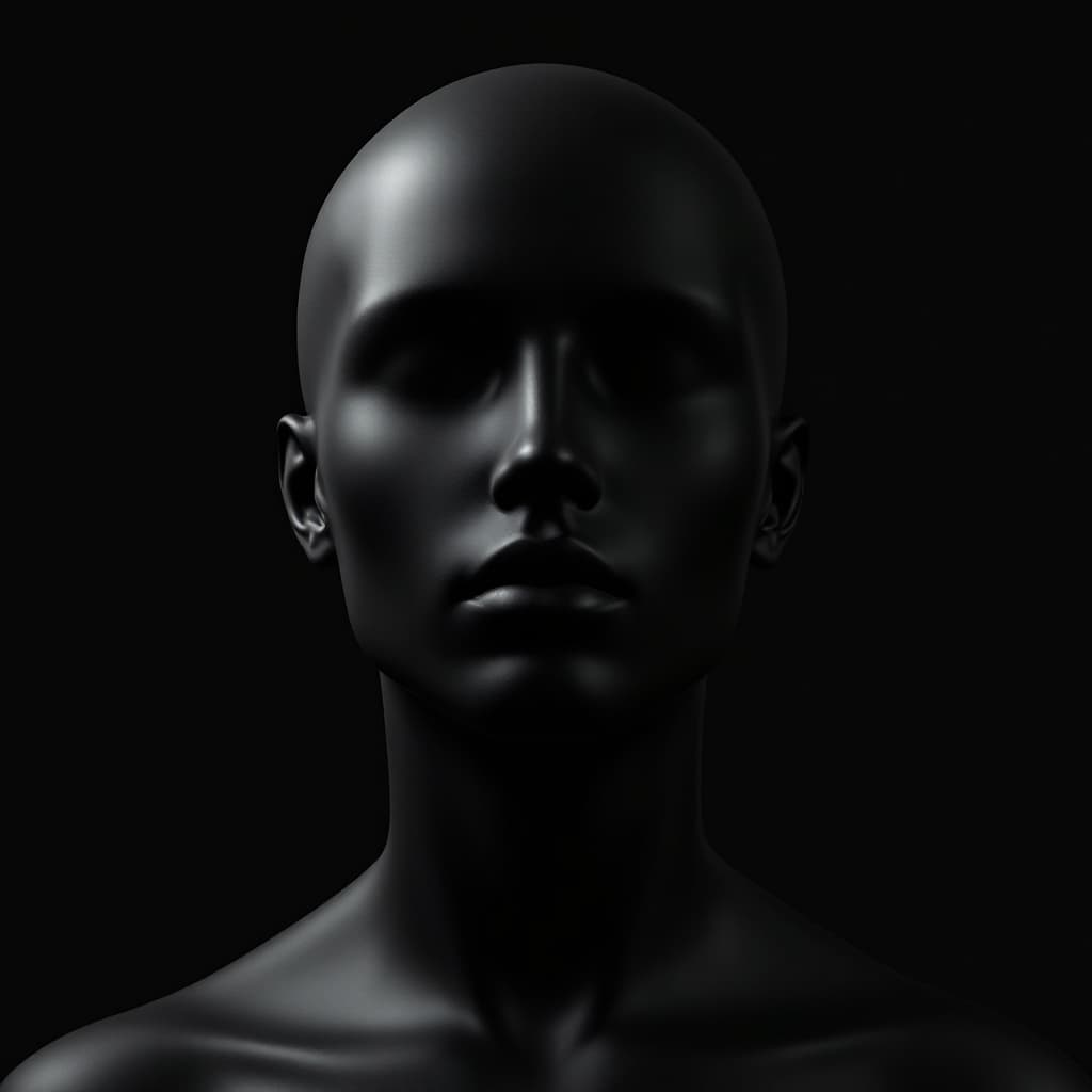 AI generated: minimalist, human head and neck, presented as a smooth, uniform sculpture in matte black, focusing o...