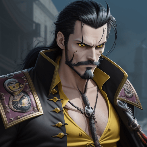 AI generated: Action movie view, legendary pirate Mihawk Dracule Hawkeye, a tall lean man, black hair, a short bea...