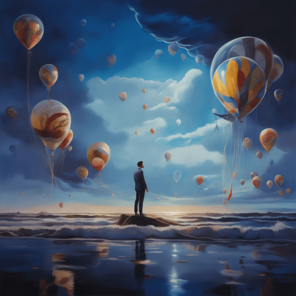 AI generated: painting of a man standing on a beach with a lot of balloons, epic surrealism 8k oil painting, andro...