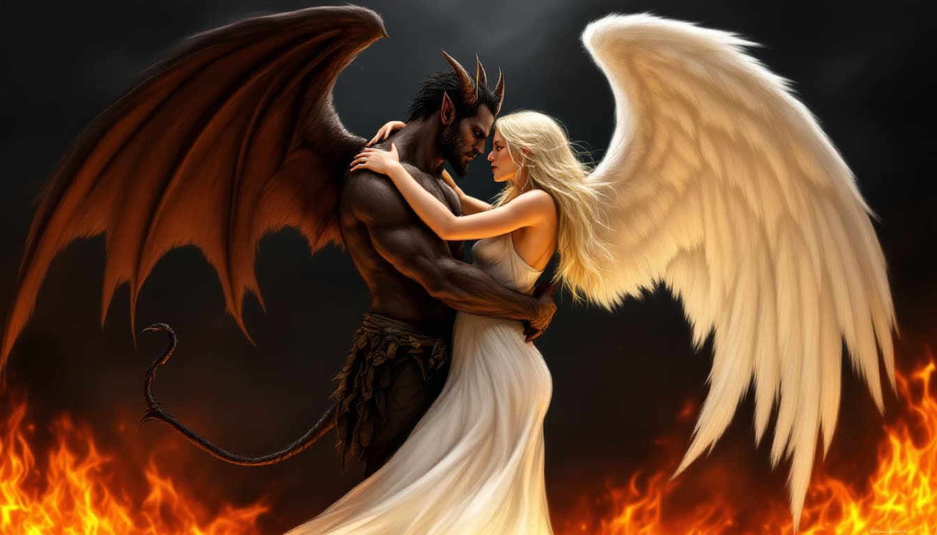 AI generated: a digital illustration of a demon and an angel embracing in front of a fiery background. The demon i...
