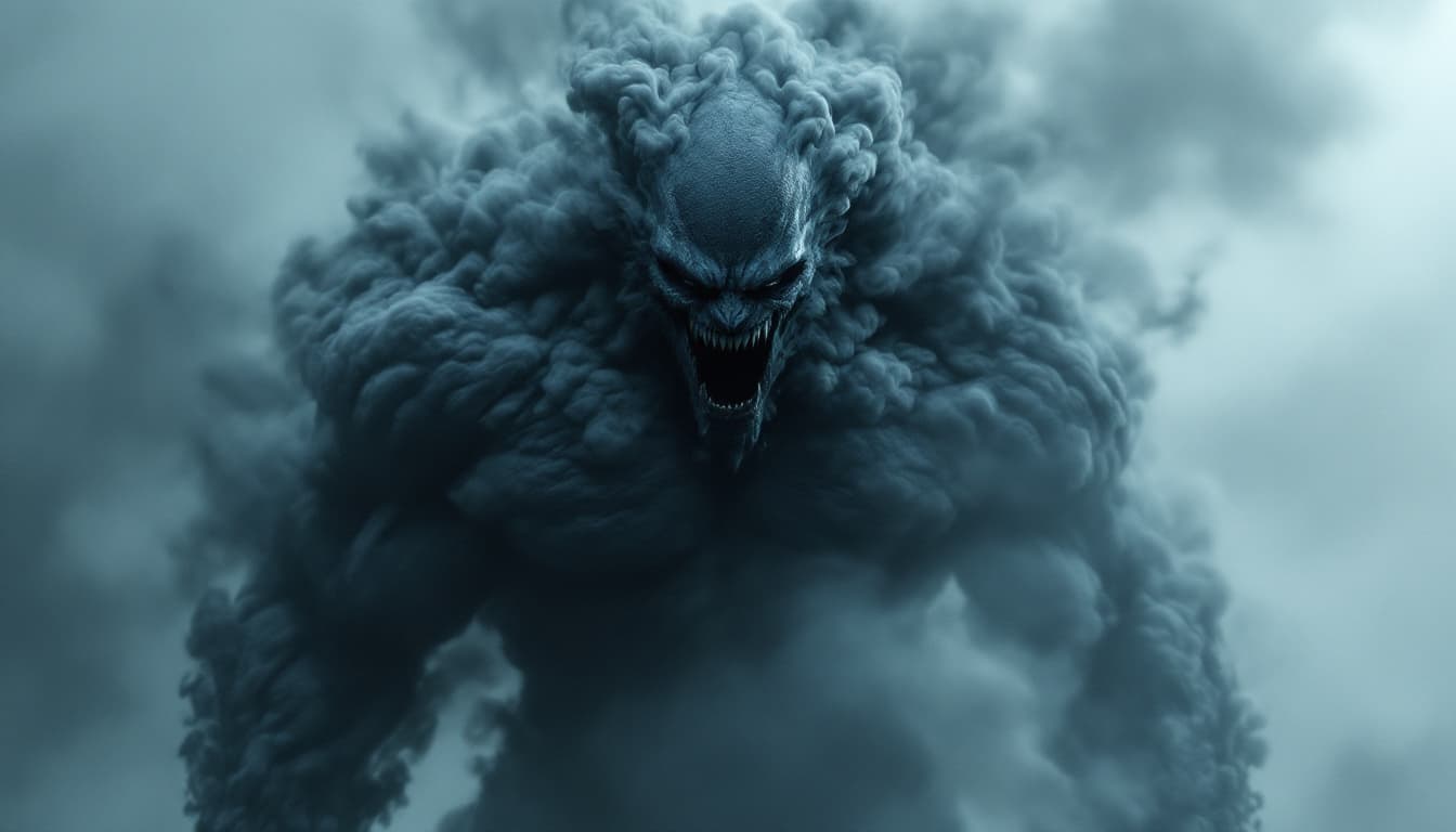 AI generated: Hyper realistic eye level professional  photo of a a menacing figure which consists only of smoke, i...