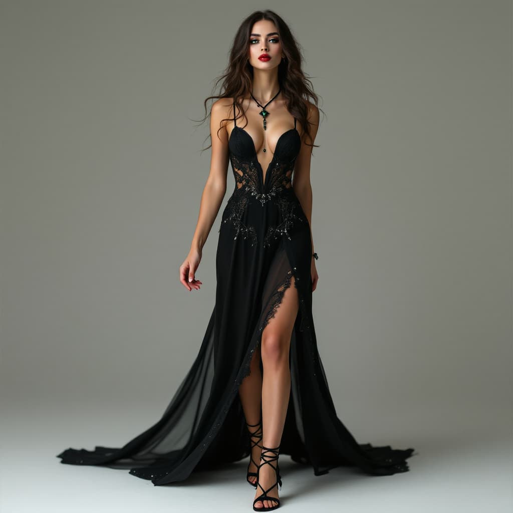 AI generated: Full body, head-to-toe, black strappy sandals laced to the knee. A young 29 year old 2m tall slim br...