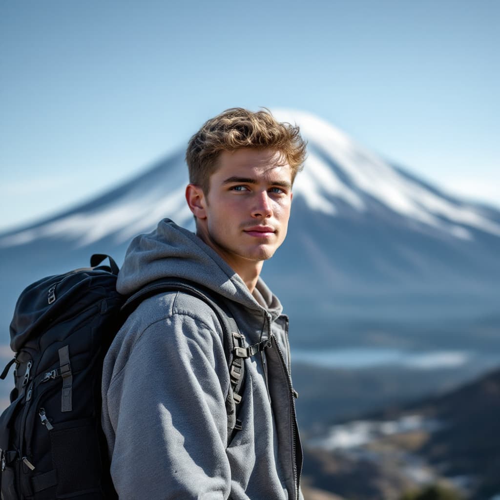 AI generated: An 18-year-old white man standing with a backpack. In the background, there should be a mountain lik...