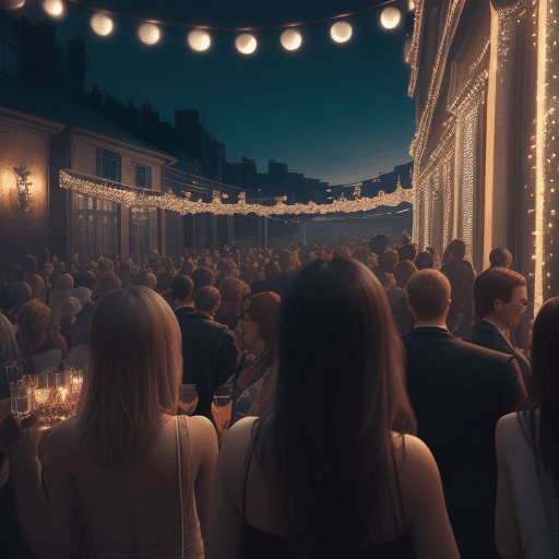 AI generated: Hyper realistic level exterior photo of a person bored on a party , night, a lot of people, big part...