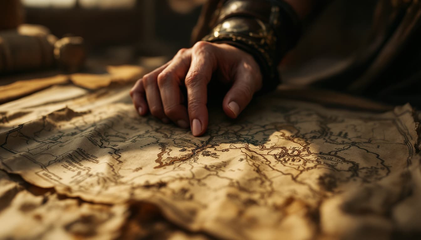 AI generated: Ultra-realistic .Close-up of Yutab’s hand stealing a map from the enemy tent, her breath rapid. [Yut...