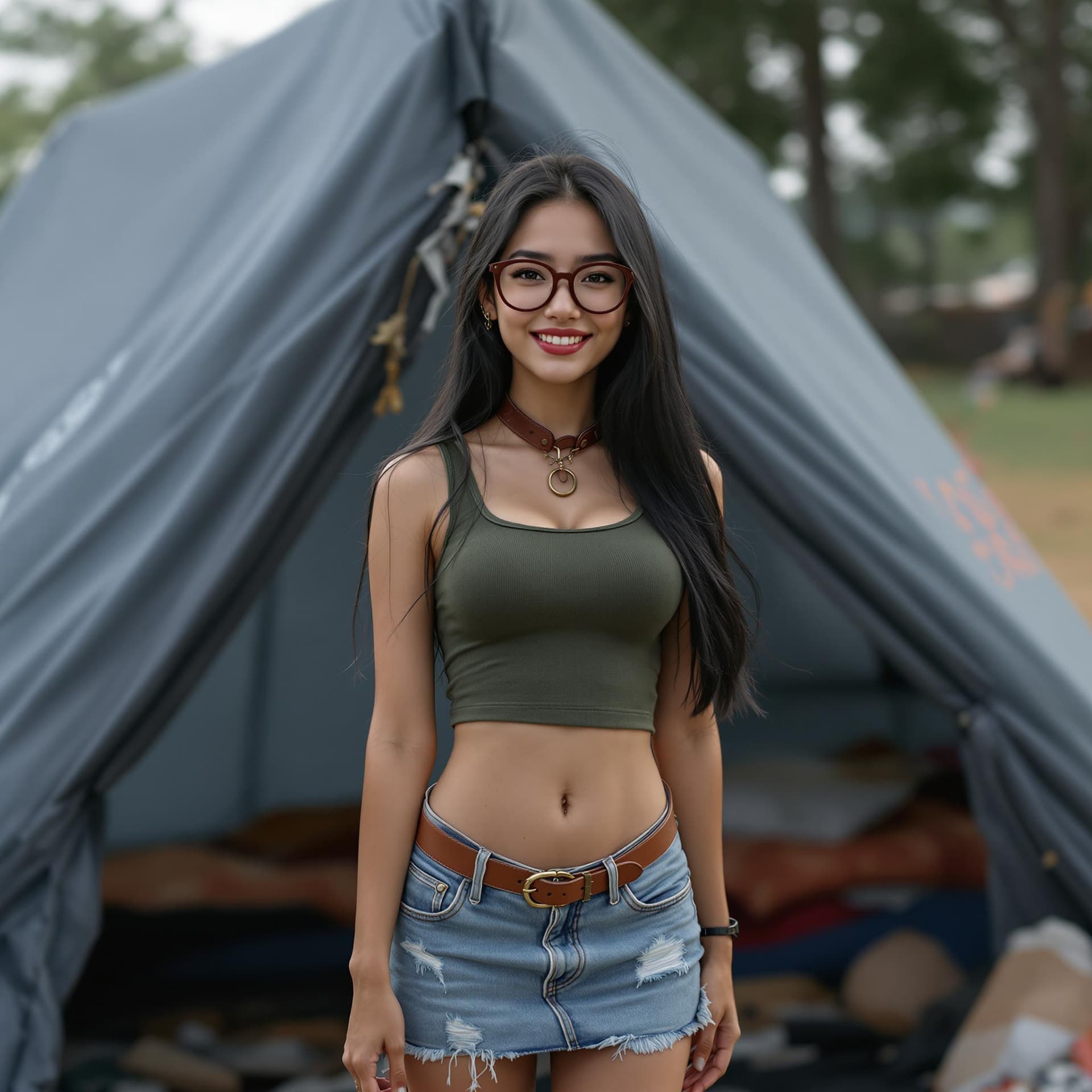 AI generated: masterpiece, best quality, perfect anatomy, beautiful lady 20years old on camping-ground, denim mini...