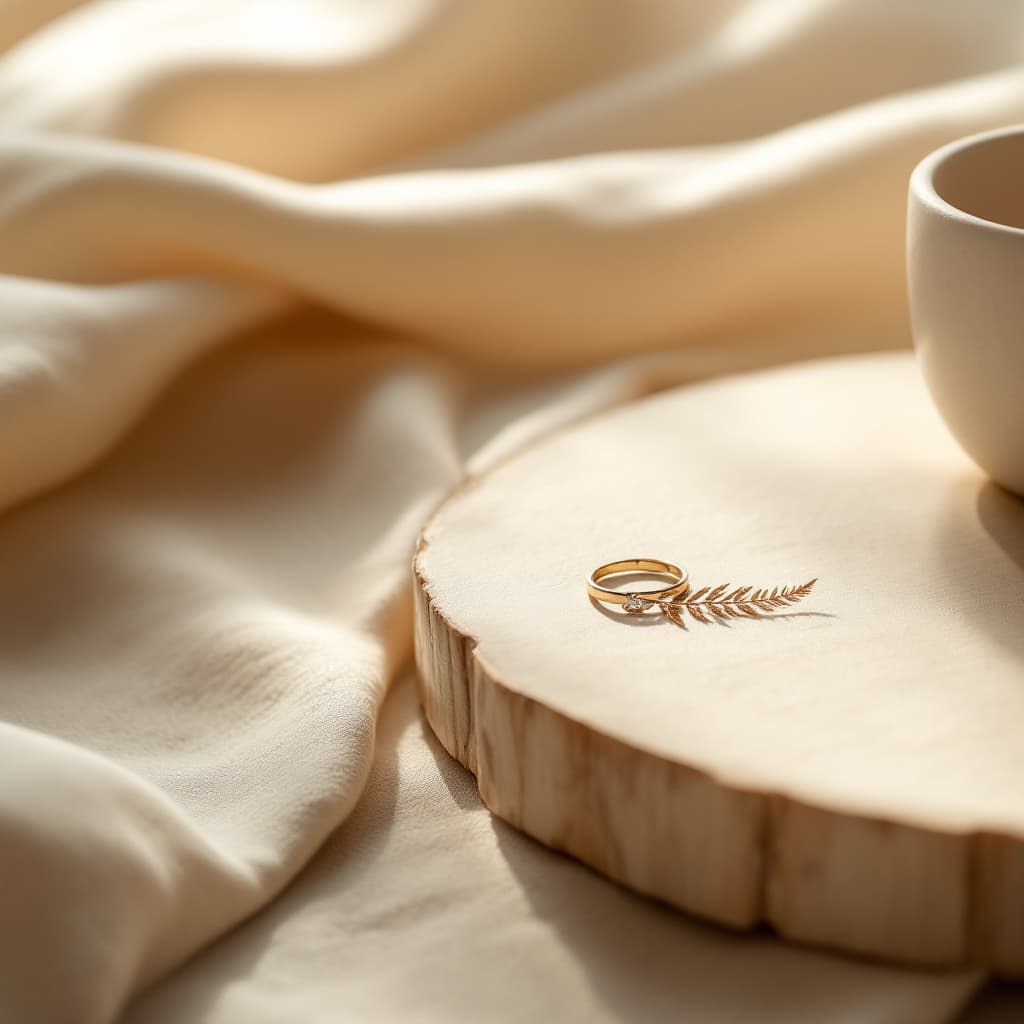 AI generated: A minimalistic, close-up composition showing a small part of a natural table — either raw wood or li...