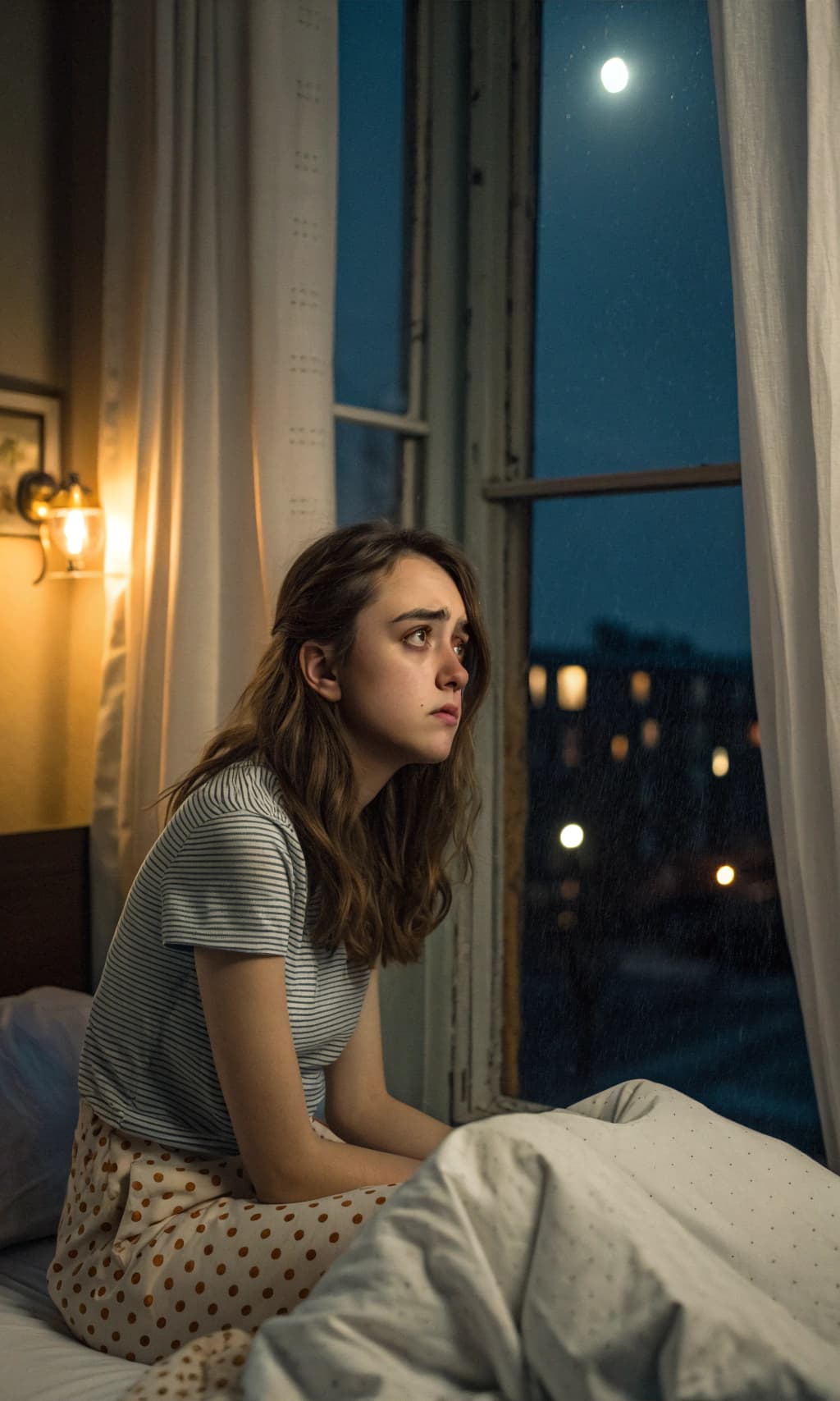 AI generated: A tired girl with dark circles under her eyes sits in bed. Insomnia. Night outside the window.