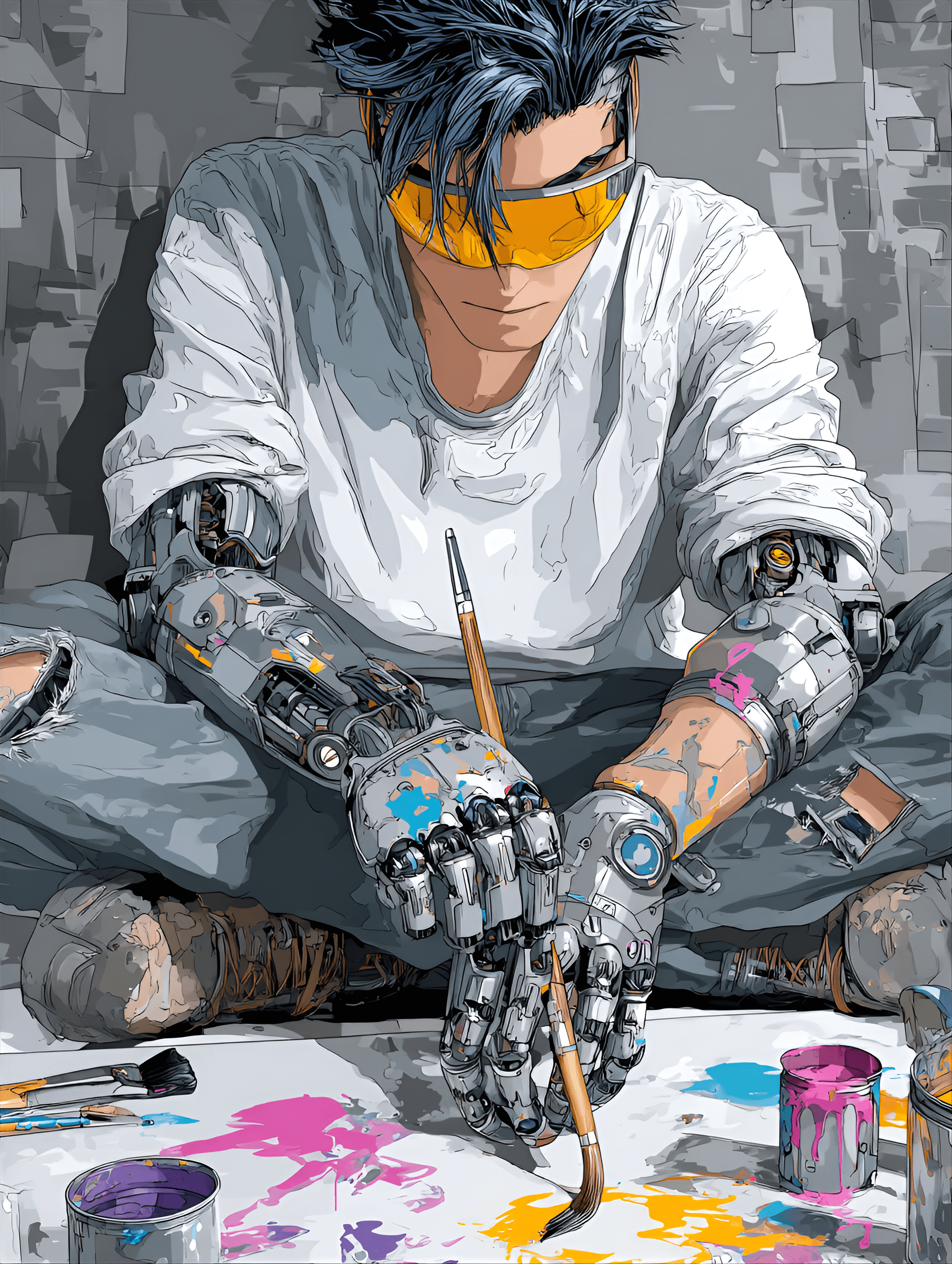 AI generated: Modern anime style, 21st Century, Android artist, mechanical hands creating a masterpiece, Creative