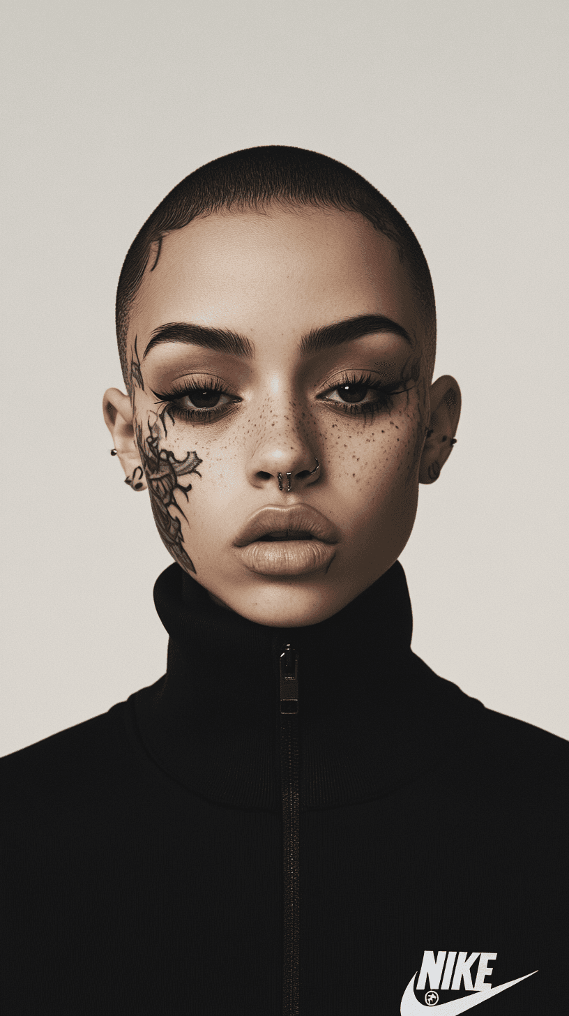 AI generated: Symetrical ultra Closeup of a dope faced tattoed model, dark mirror glazed Nike sport outfit, Minima...