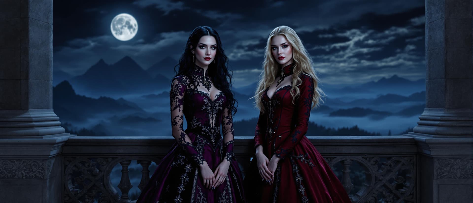 AI generated: "A cinematic scene featuring two mysterious noblewomen standing side by side on a grand gothic balco...