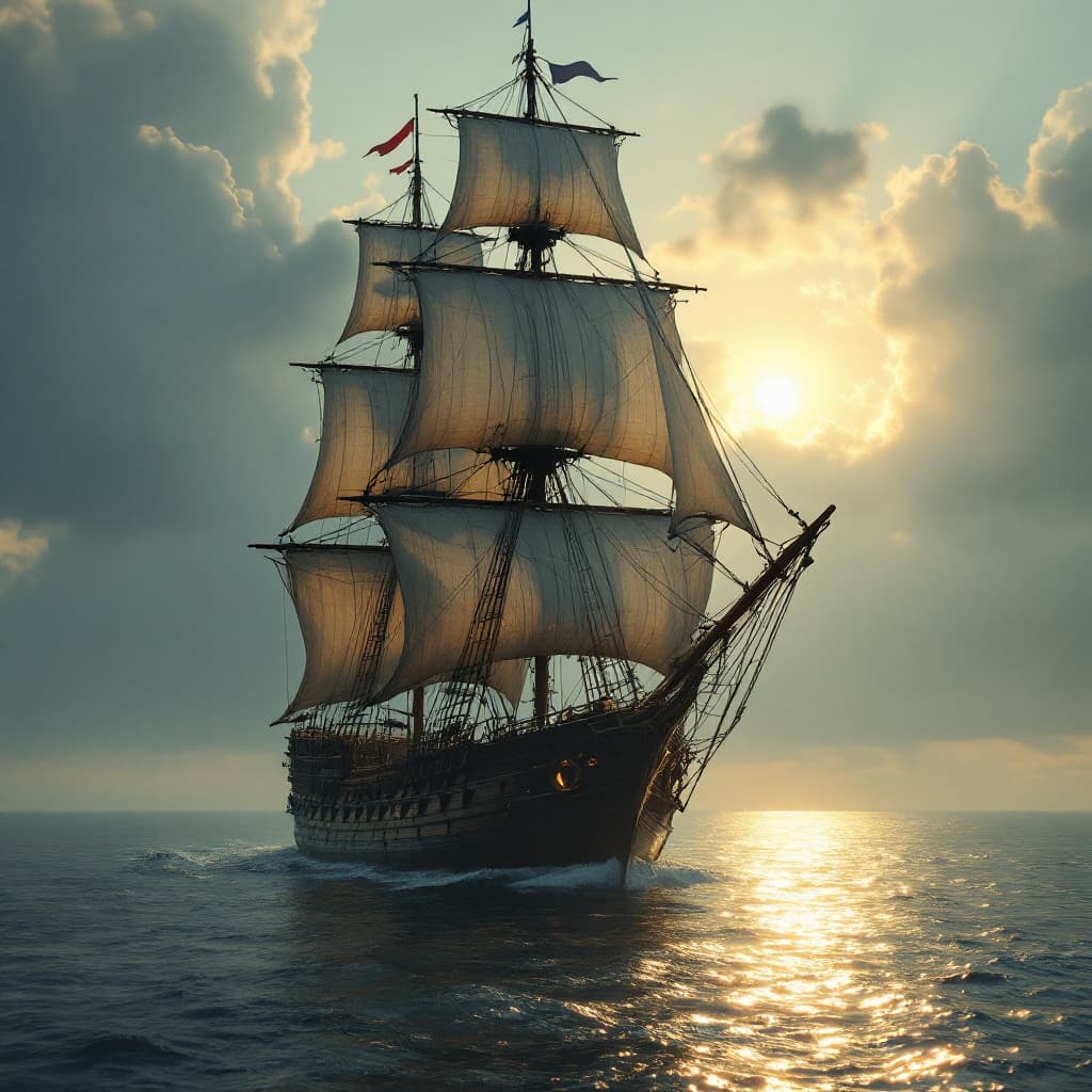 AI generated: Photo of a ultra realistic sailing ship, dramatic light, pale sunrise, cinematic lighting, battered,...