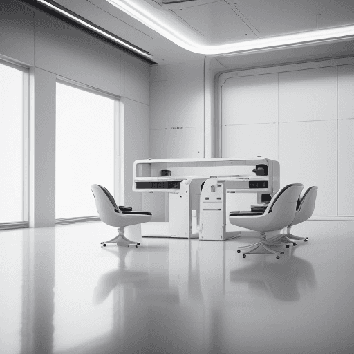 AI generated: white laboratory, high-tech laboratory, futuristic design style, sci-fi-like interior space,, with m...
