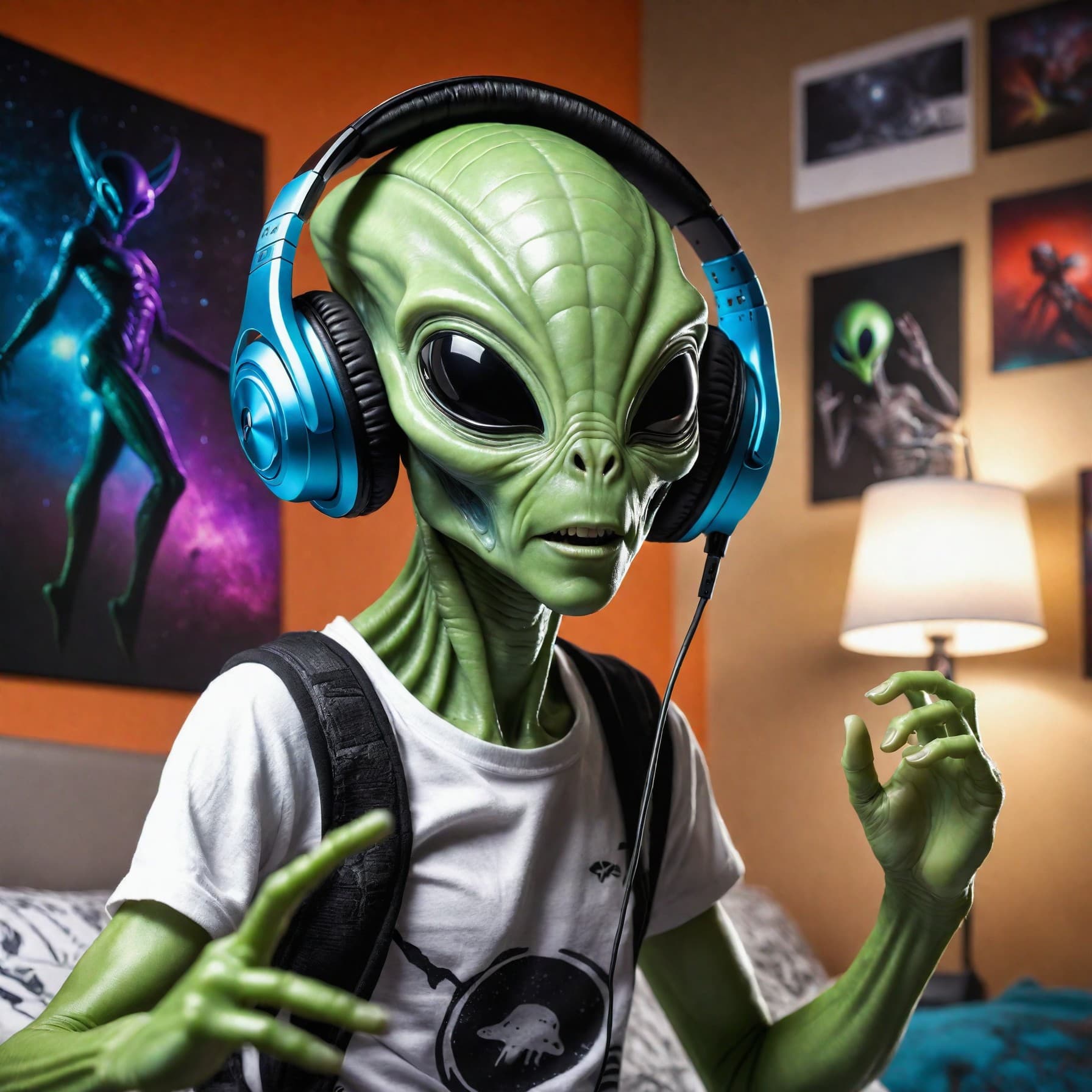 AI generated: an adorable alien wearing headphones and listening to music, rocking out alone in his room, photorea...