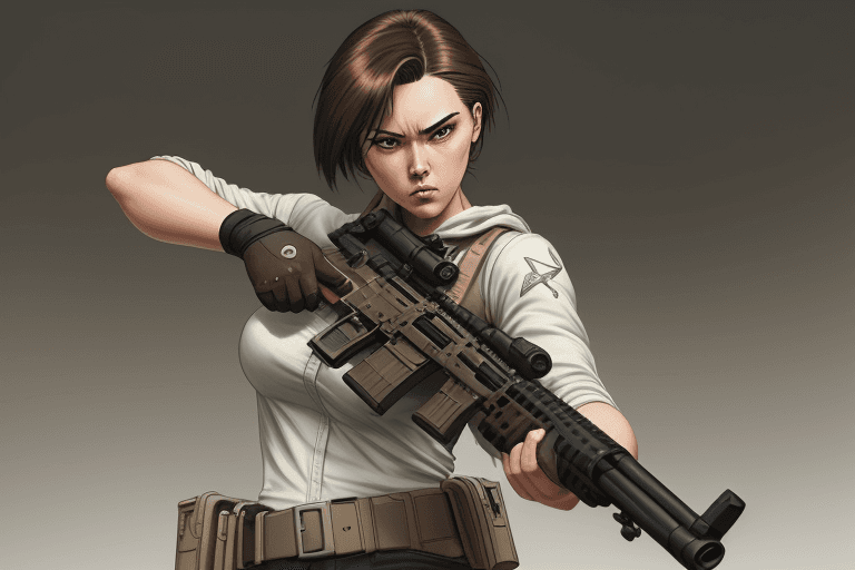 AI generated: an image of an animation character holding a gun, in the style of womancore, comic art, realistic oi...