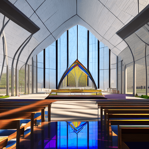AI generated: Modern cathedral interior, expansive open space, soaring vaulted ceilings, blend of glass and stone,...