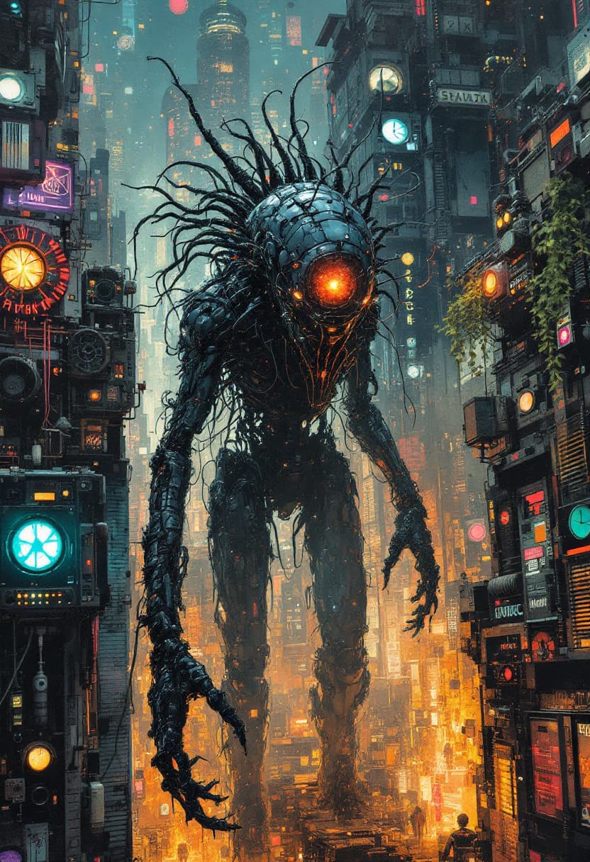 AI generated: Horror cybernetic  fear parasite attack cyborg  and cubick in space city  junji ito , stanley donwoo...