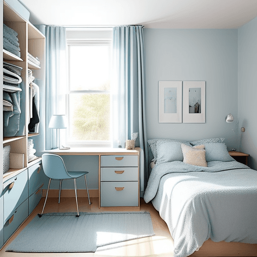 AI generated: Creating a cozy bedroom in a 3x3m² space, featuring a prominent large window and a soft light blue c...