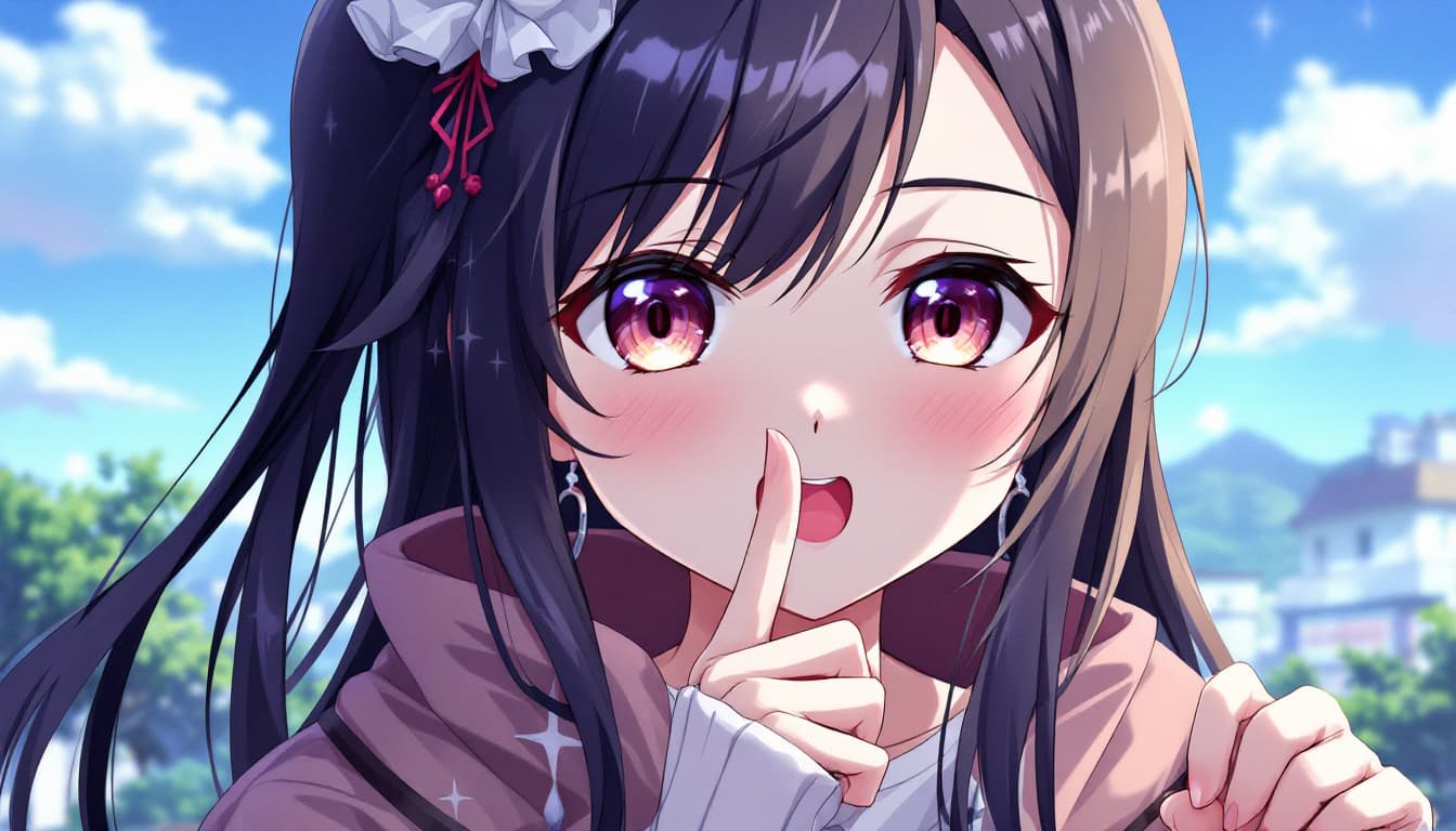 AI generated: Anime girl with big boobs holding up the pinching gesture.