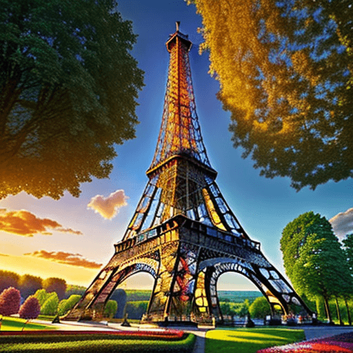 AI generated: The Eiffel tour in the middle of the Château d'Epoisses in Burgundy with big trees, countryside, flo...