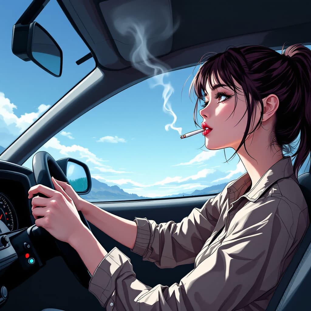 AI generated: a female  woman driving a sport car ,smoking cigarettes anime style.