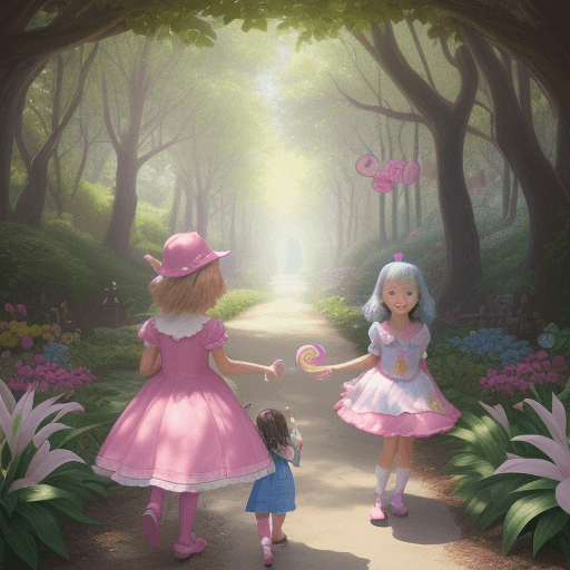 AI generated: Lily, 5 years old, explores secret candy path, meets Gus, Lola, Candy in magical Land of Sweets