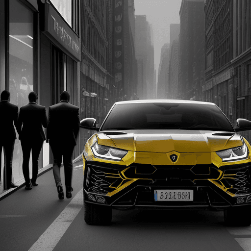 AI generated: Urus Lamborghini :: Harsh, directional light from behind :: Busy background with lots of activity ::...