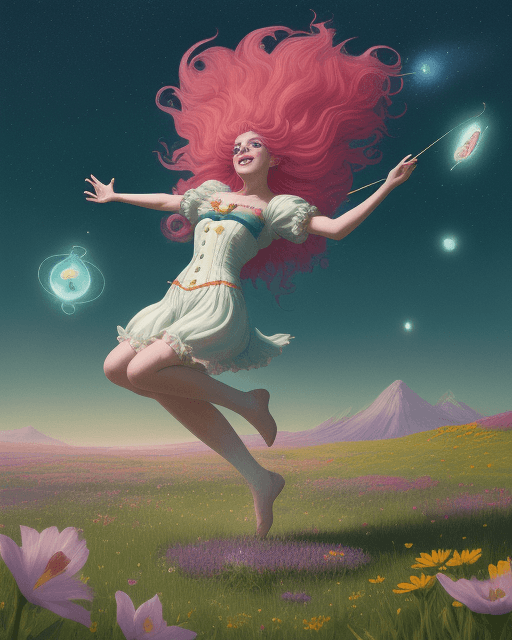 AI generated: An image of a whimsical Fool Tarot Card character frolicking through a vibrant meadow, bathed in eth...