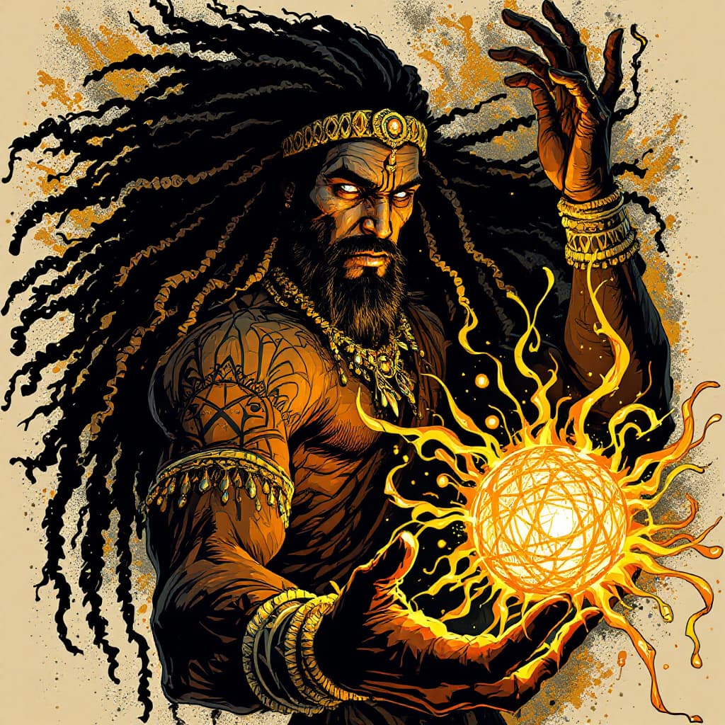 AI generated: un ingena de goa india, con barba y rastas, de cuerpo entero,bailando con una bola de luz en las man...