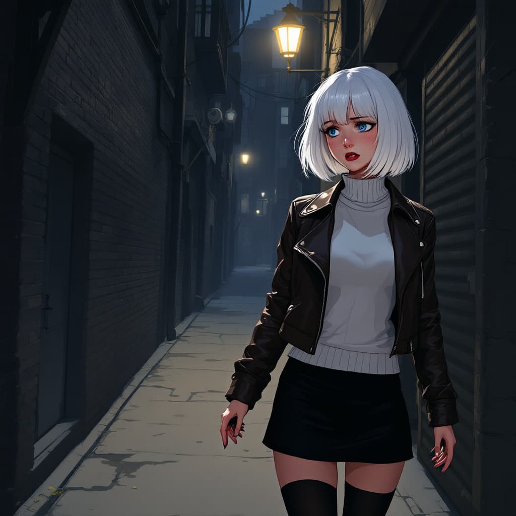 AI generated: anime, woman, white hair, bob cut, straight bangs, blue eyes, freckles, red lips, white sweater, tig...
