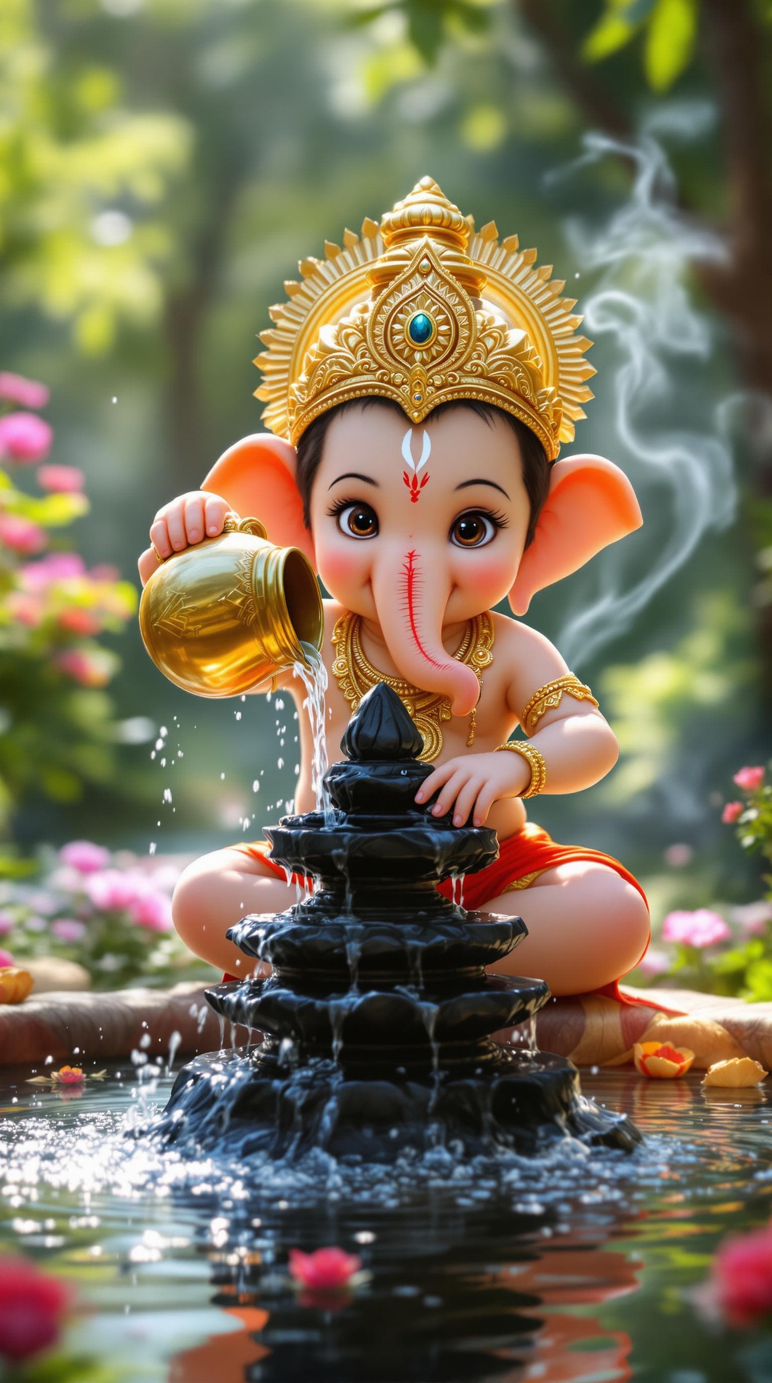 AI generated: "A highly detailed, ultra-realistic 8K image of baby Lord Ganesha performing a sacred ritual in a lu...