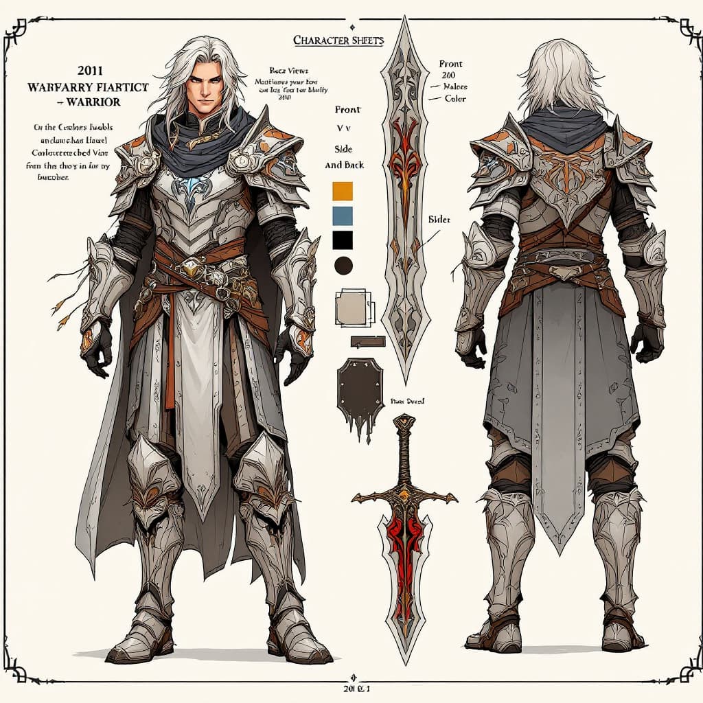 AI generated: A character sheet featuring a fantasy warrior with multiple views: front, side, and back. The warrio...