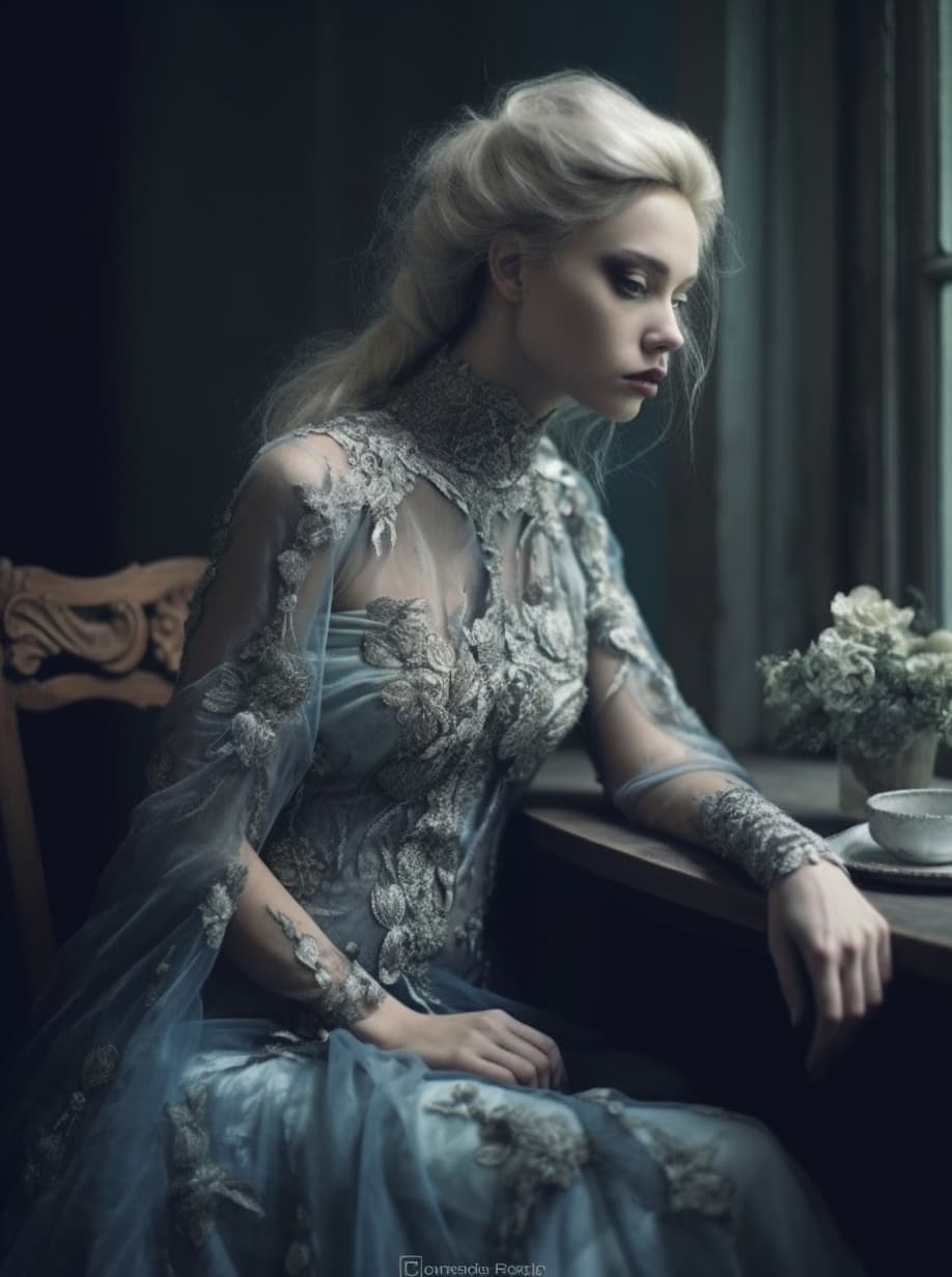 AI generated: a woman sitting at a table , by Valerie Petts, tumblr, intricate fantasy dress, blueish tones, offic...