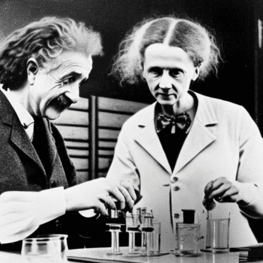 AI generated: Albert Einstein with Marie Curie doing experiments