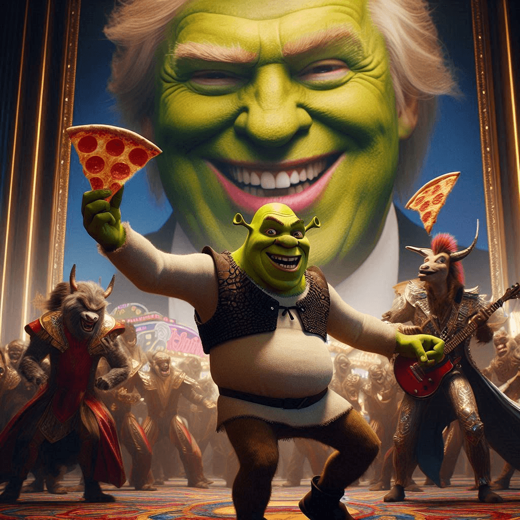 AI generated: Close-up professional cinematic photo of Shrek dancing with pizza and an angry laughing painting in ...