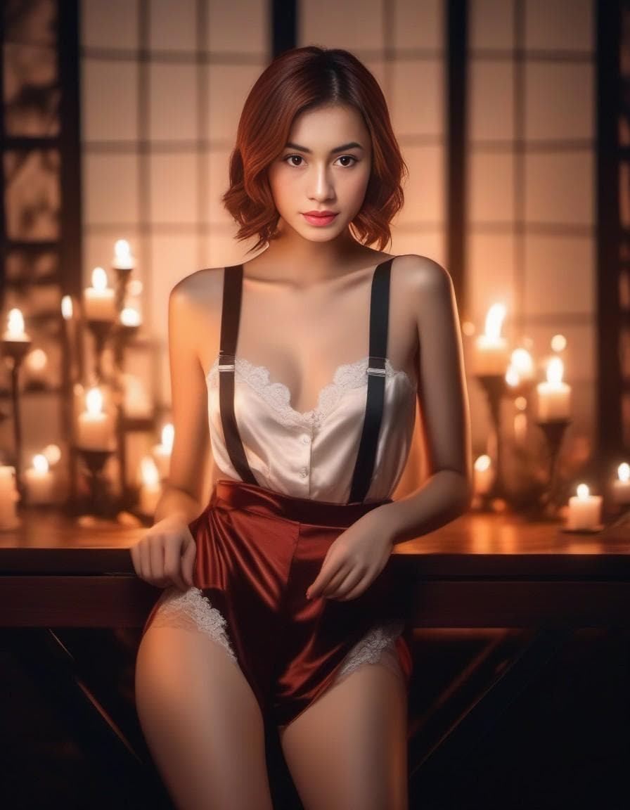 AI generated: Ginger-haired little princess in thin satin lingerie with suspenders, high heels, candlelight, high ...