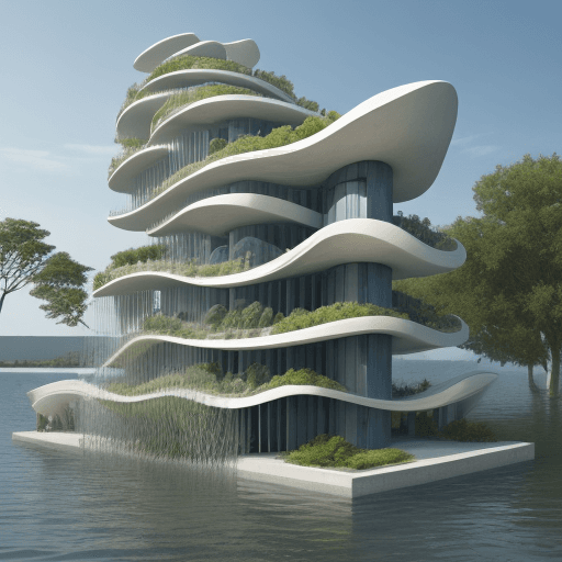 AI generated: architecture, water co-habitation, design, rising sea levels, conceptual, level changes, flowing, fr...