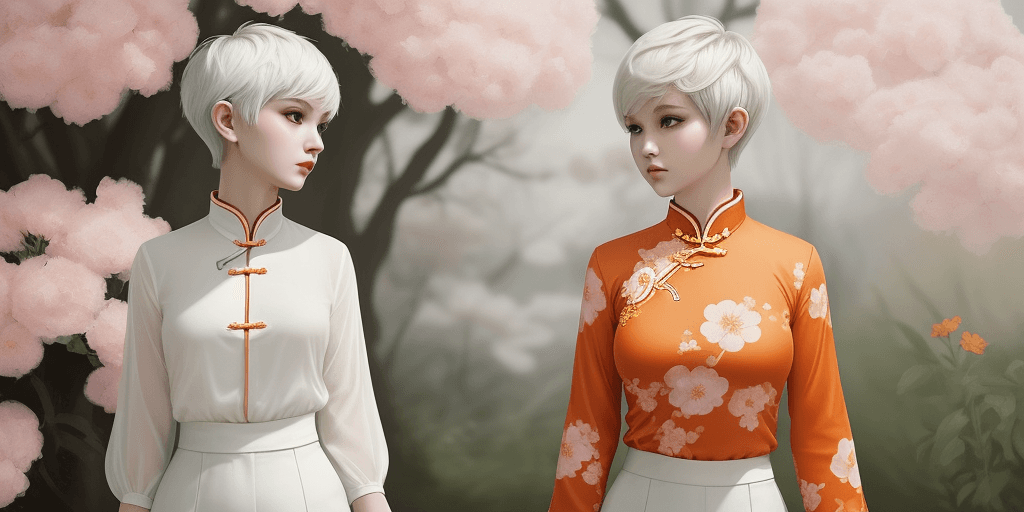AI generated: chinese orange blouse, pixie cut, (white short hair), in the style of dreamy and romantic compositio...