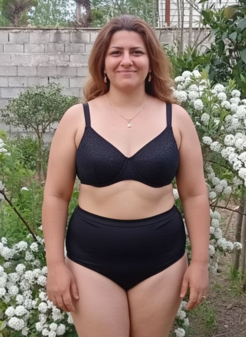 AI generated: Iranian woman in black lace bikini, semi-chubby, plus size, with a fat body