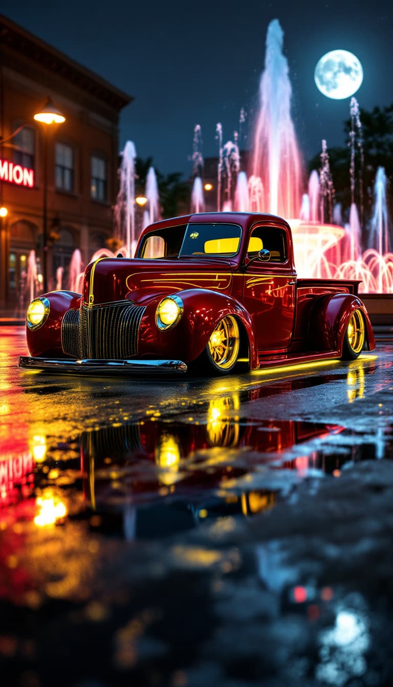 AI generated: A photo realistic 1941 Ford pickup from a front side view. The car is lowered, a metallic red base p...