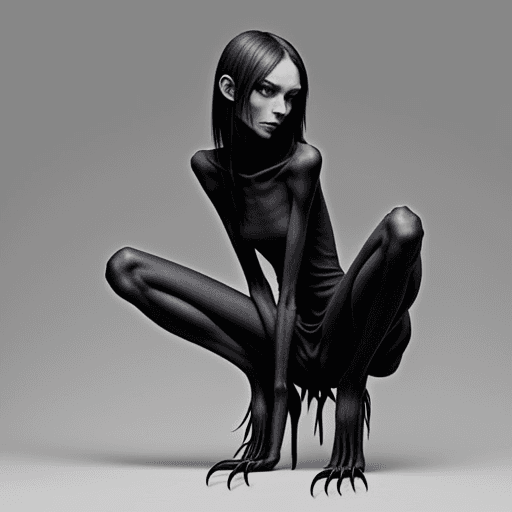 AI generated: very skinny slender girl, with long curved claws, with skinny legs and long skinny calves in high he...