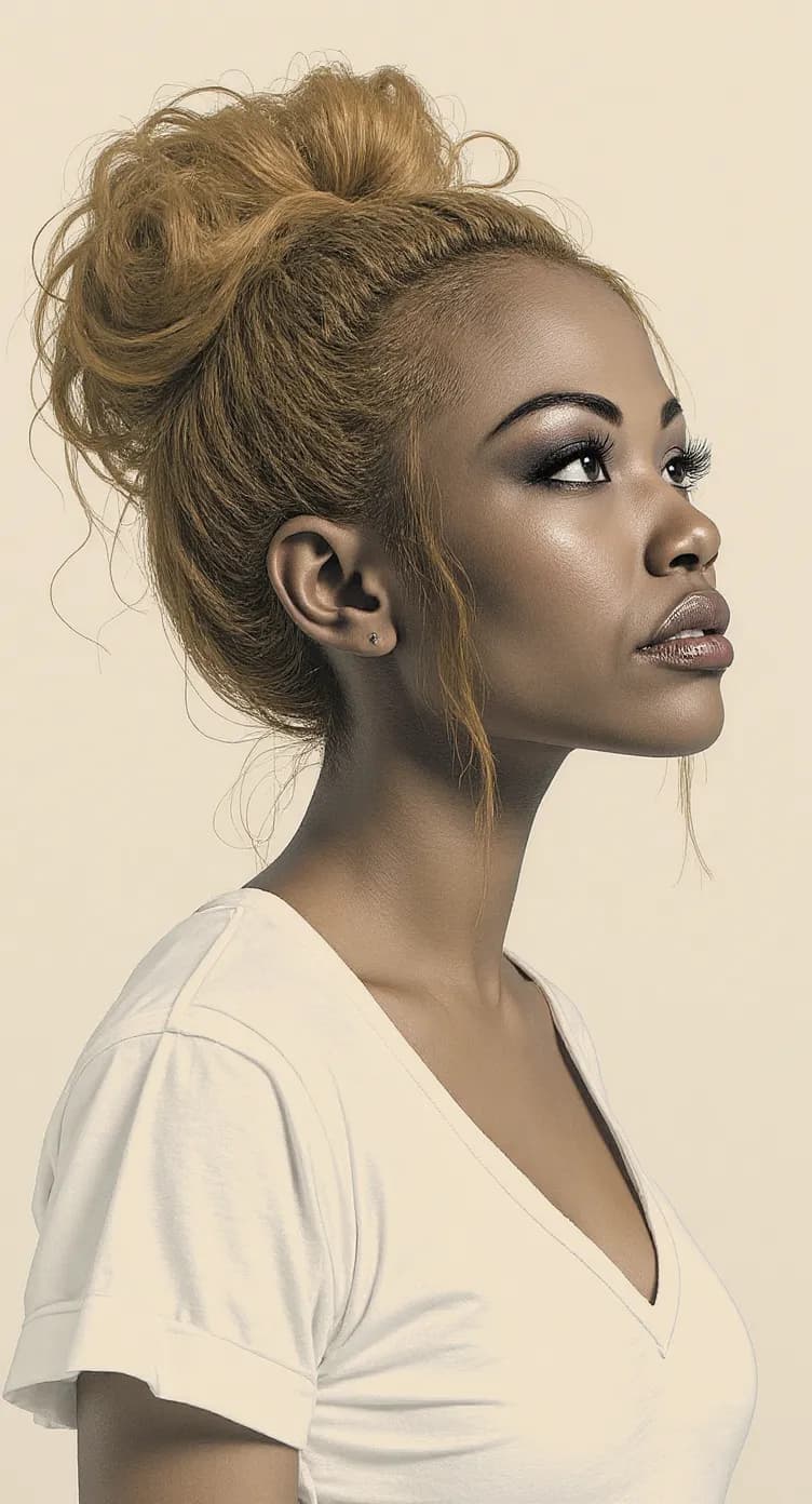 AI generated: A detailed sketch rendering depicts an African American woman with voluminous hair gathered in a mes...