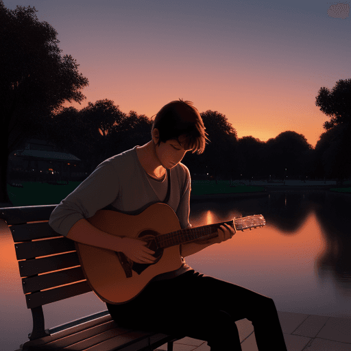 AI generated: Ilustration, At sunset, a guy sits on a park bench, immersed in his music, the soft glow of the even...