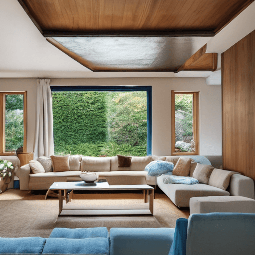 AI generated: high resolution photography interior design, dreamy sunken living room conversation pit, wooden floo...