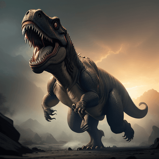 AI generated: Photo of a Tyrannosaurus as he's running away from a fight, dramatic light, pale sunrise, cinematic ...