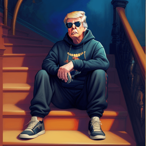AI generated: trump on a staircase sitting with sunglasses, wearing a sweatshirt and sweatpants vibrant illustrati...
